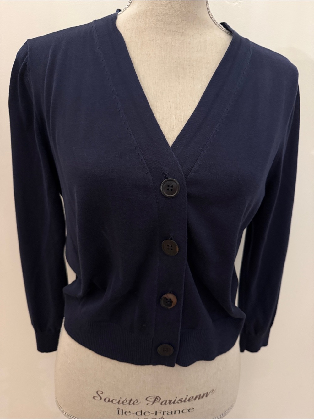Uterque Navy V-Neck Button Front Cardigan, waist length, medium